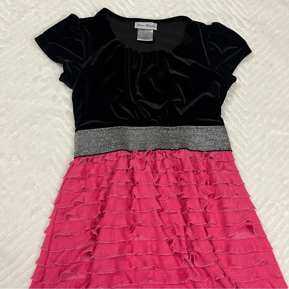Jona‎ Michelle Velvet Black Pink Tiered Ruffle Dress size 8 girls semi formal